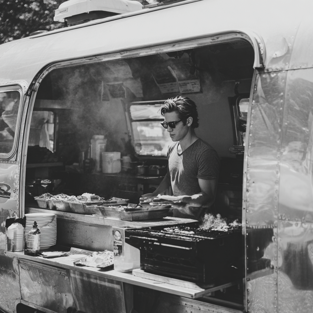 Business owner inside food van